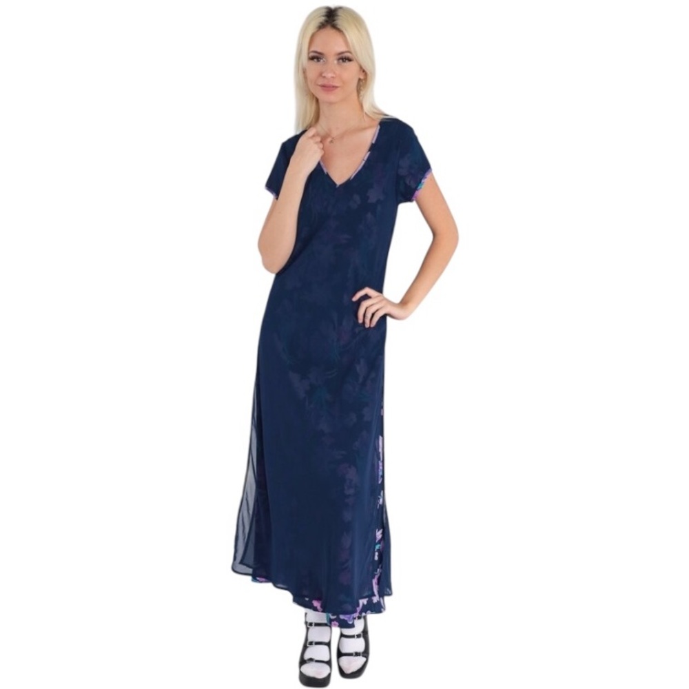 Express Vintage Chiffon Double Lined Floral Blue Maxi Dress